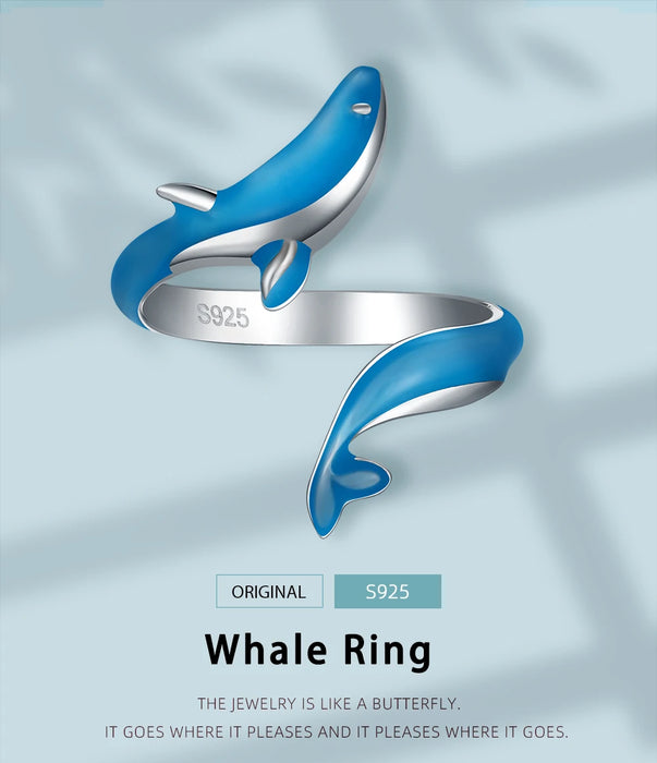 925 Sterling Silver White Gold Plated Glow-in-the-dark Enamel Whale Adjustable Rings On Sale