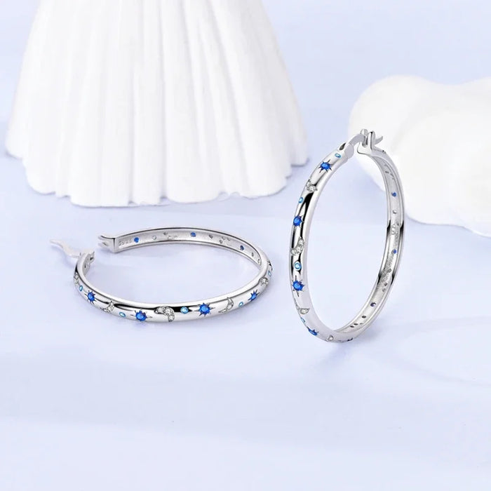 925 Sterling Silver Star Moon Round Huggie Hoop Earrings With Zircon Accents On Sale