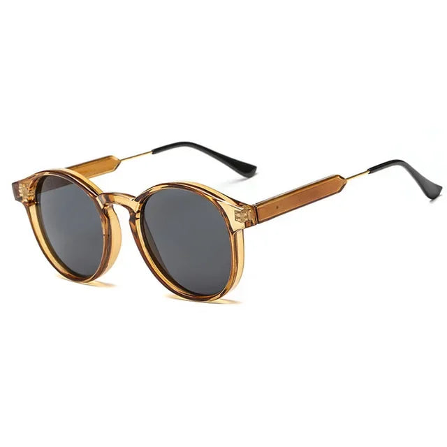 Light Brown Grey Retro Round UV400 Oculus Sunglasses