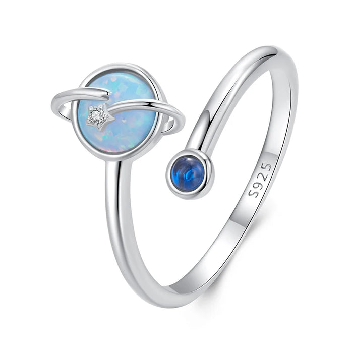 925 Sterling Silver White Gold Plated Blue Opal Planet Open Ring Jewelry On Sale