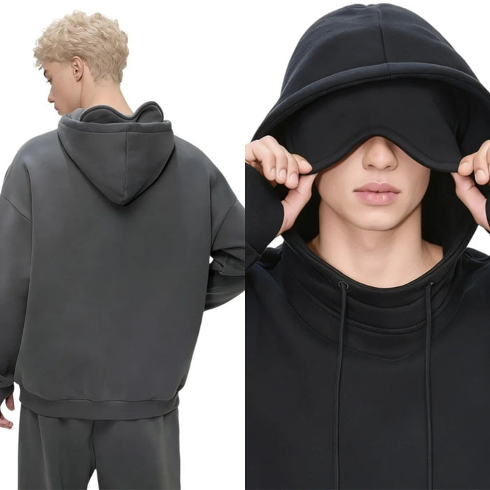 Unisex Plush Hoodie With Eye Mask Design In Black On Sale