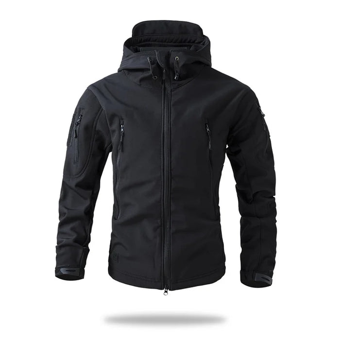 Black Men’s Waterproof Softshell Jacket with Fleece Lining – Hooded Outdoor Coat On Sale