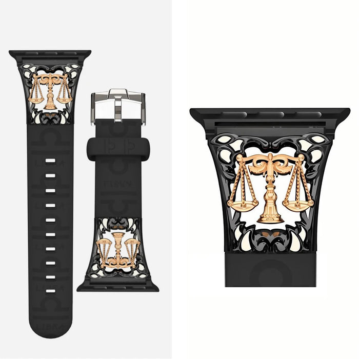Libra Black - 12 Constellations Silicone Sport Watch Band With Stainless Steel Zodiac Symbol Detail Compatible with Apple Watch Series 1–11, SE, Ultra, and Ultra 2 On Sale