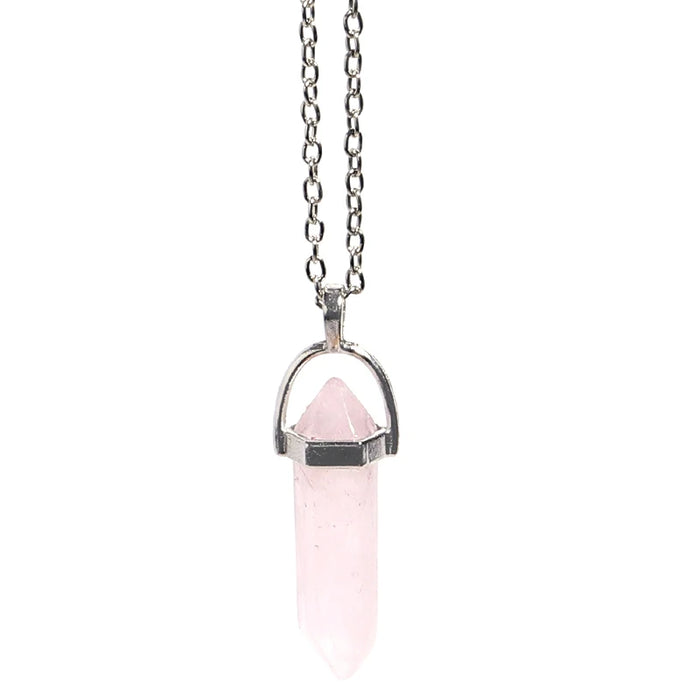 Natural Rose Quartz Crystal Hexagonal Pillar Bullet Pendant Necklaces On Sale