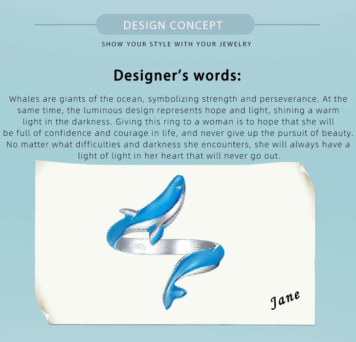 925 Sterling Silver White Gold Plated Glow-in-the-dark Enamel Whale Adjustable Rings On Sale