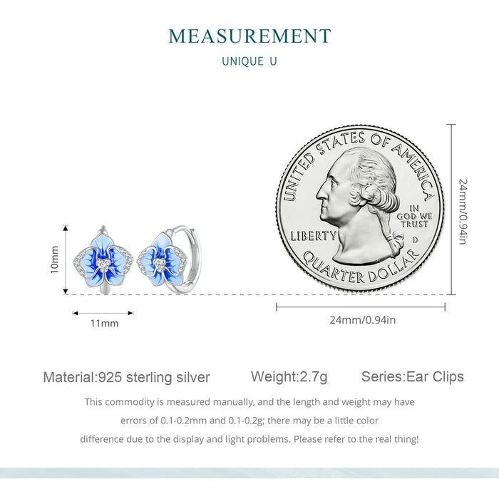 925 Sterling Silver Blue Enamel Butterfly Orchid Hoop Earrings On Sale