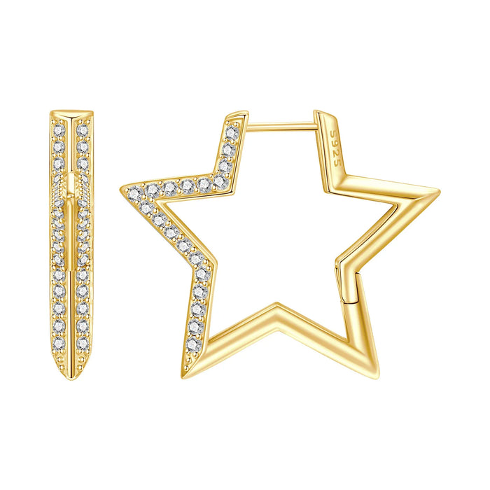 925 Sterling Silver Dreamy Celestial Elegance Golden Star Hoop Earrings On Sale 