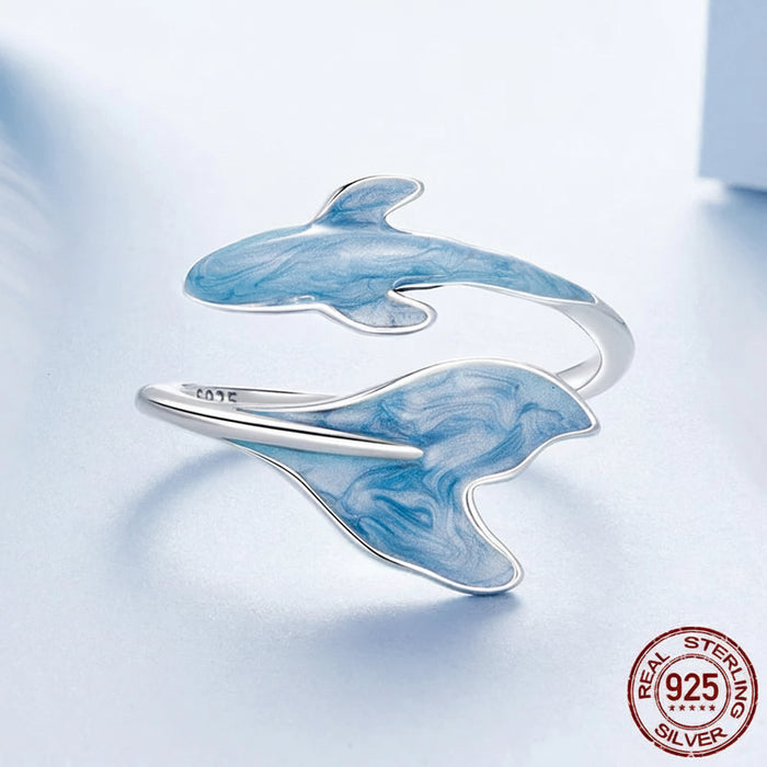 925 Sterling Silver White Gold Plated Enamel Whale Adjustable Ring On Sale