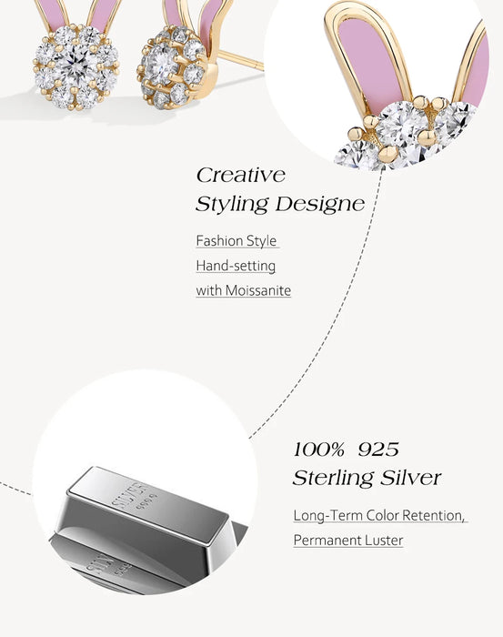 925 Sterling Silver White Gold Plated Moissanite Diamond Bunny Ears Enamel Design Stud Earrings On Sale