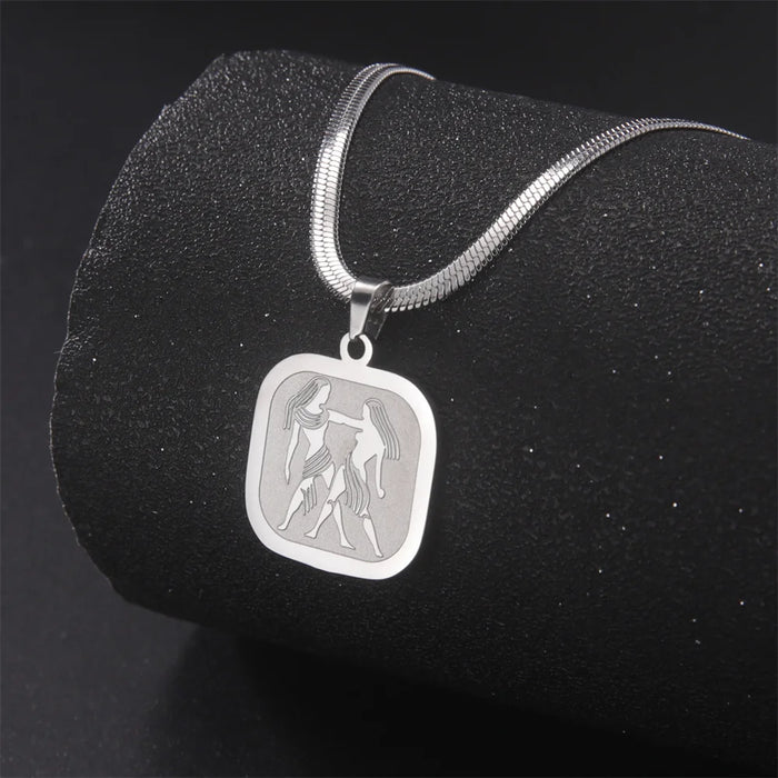 12 Constellation Zodiac Square Medallion Pendant Snake Chain Necklaces On Sale