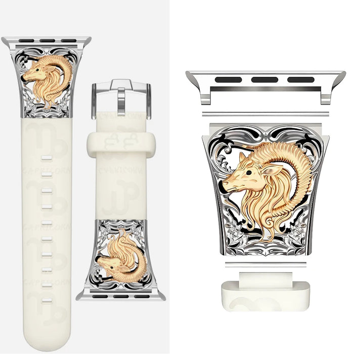 Capricorn Beige - 12 Constellations Silicone Sport Watch Band With Stainless Steel Zodiac Symbol Detail Compatible with Apple Watch Series 1–11, SE, Ultra, and Ultra 2 On Sale