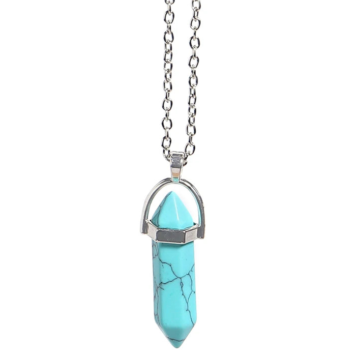 Natural Blue Turquoise Quartz Crystal Hexagonal Pillar Bullet Pendant Necklaces On Sale