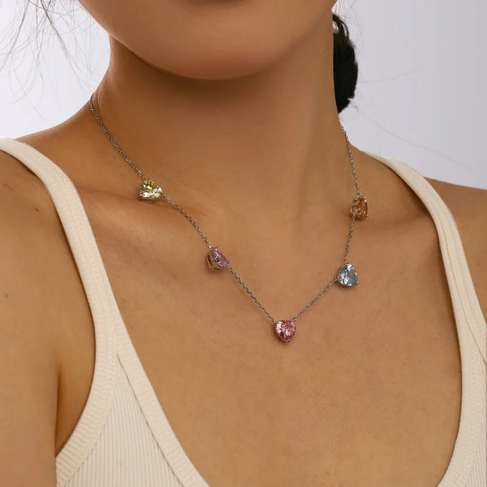 Genuine Platinum Plated S925 Multicolored CZ Gemstone Hearts Pendant Necklace
