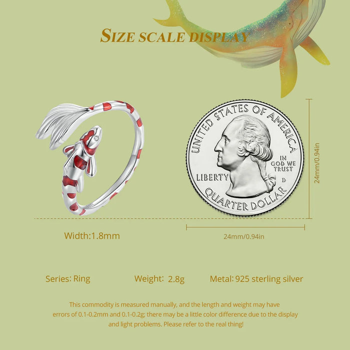 925 Sterling Silver Plated White Gold Lucky Red Koi Fish Open Ring On Sale
