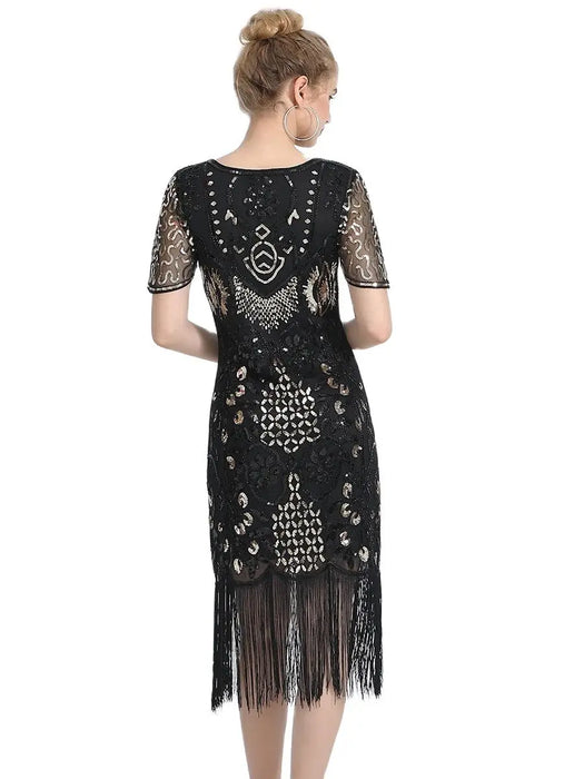 1920s Gatsby Style V-Neck Petal Sleeves Black With Gold Embroidery Sequin Fringe Flapper Midi Dress On Sale