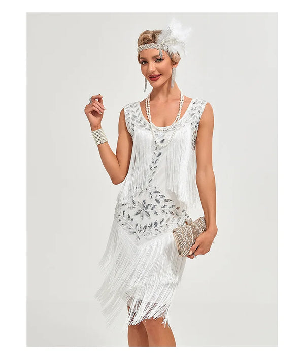 1920s Vintage Gatsby Style White Sequin Fringed Flapper Cocktail Party Dress on Sale