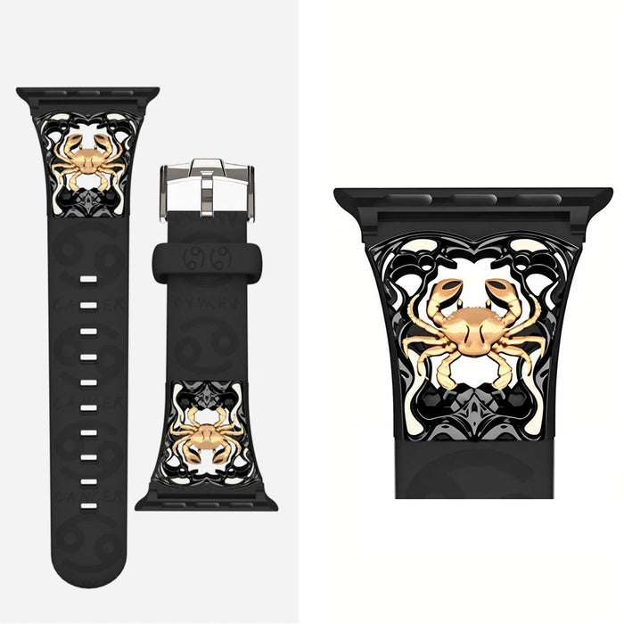 Cancer Black - 12 Constellations Silicone Sport Watch Band With Stainless Steel Zodiac Symbol Detail Compatible with Apple Watch Series 1–11, SE, Ultra, and Ultra 2 On Sale