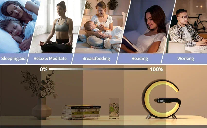 Smart Wireless Phone Charger with Bluetooth 5.0 Dual Speakers LED Alarm Clock and Atmosphere Night Light Lamp On Sale