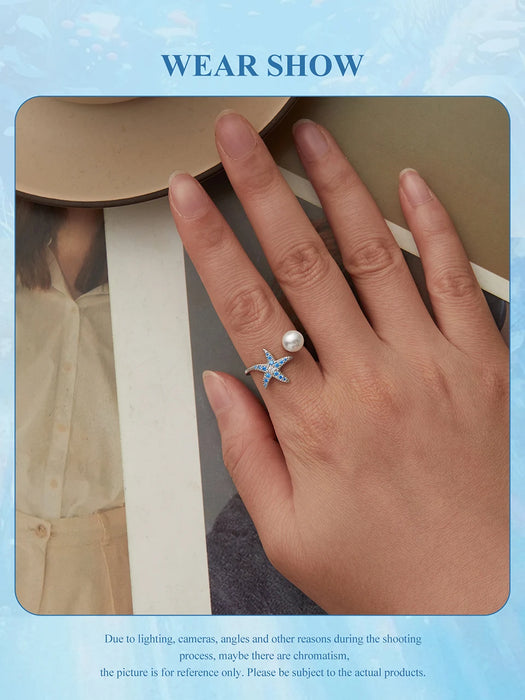 925 Sterling Silver Ocean Marine Life Starfish And Pearl Theme Open Rings Collection On Sale