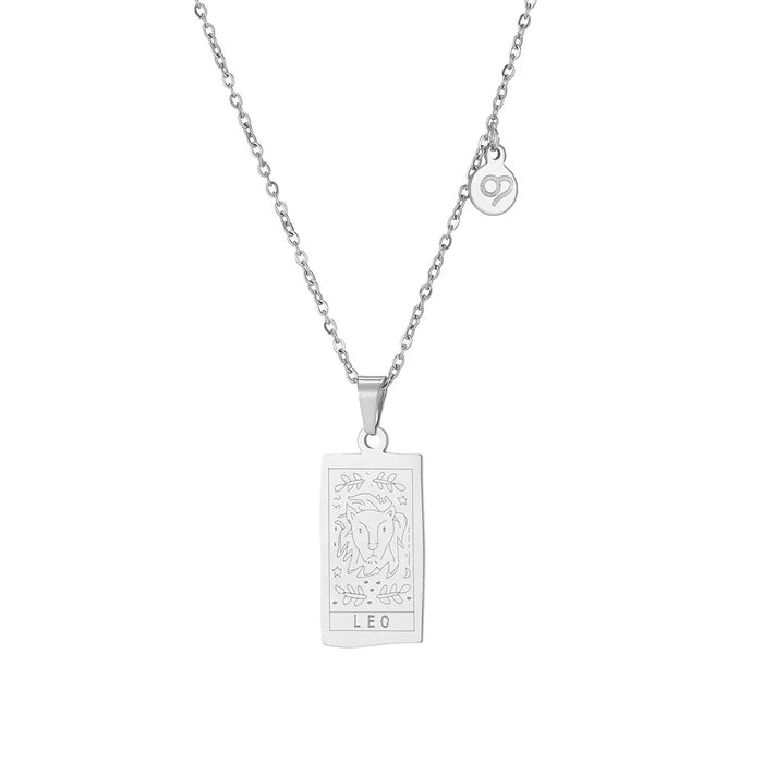 Silver Leo Zodiac Sign Stainless Steel Pendant Necklace – Tarot Card Style Constellation Necklace for Women On Sale