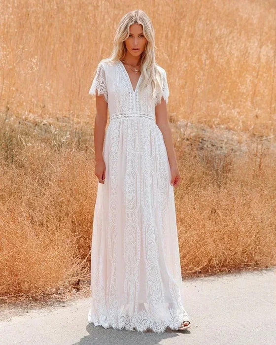 Bohemian Style Deep-V Short Sleeves Floral Lace Maxi Dress On Sale