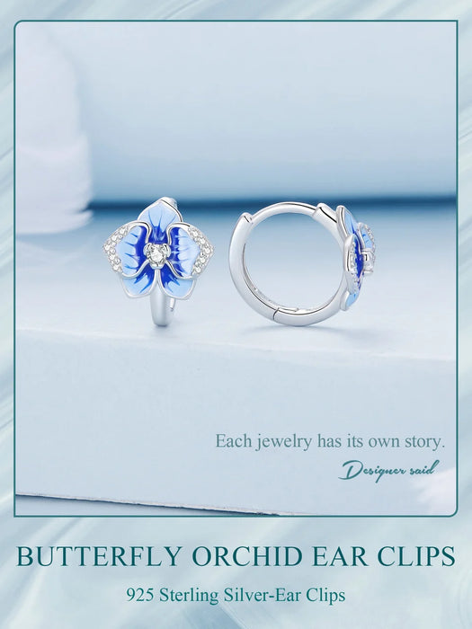 925 Sterling Silver Blue Enamel Butterfly Orchid Hoop Earrings On Sale