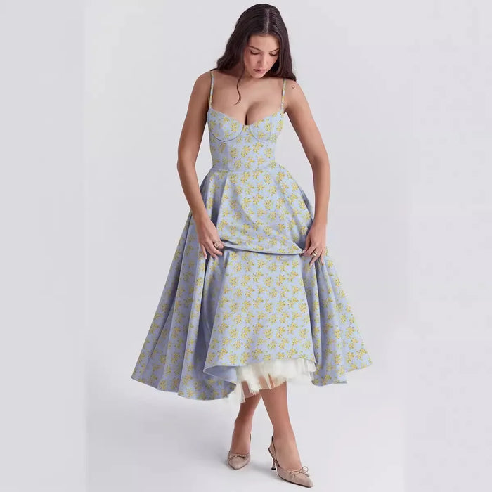 Blue Floral Printed A-Line Vintage Style Temperament Dress On Sale