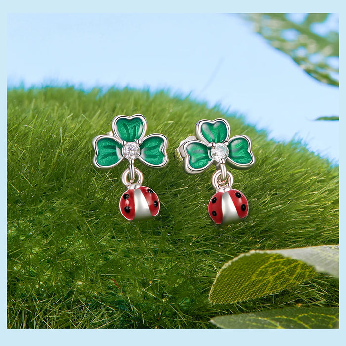 925 Sterling Silver Green Lucky Cloverleaf And Ladybug Earrings Jewelry Set On Sale