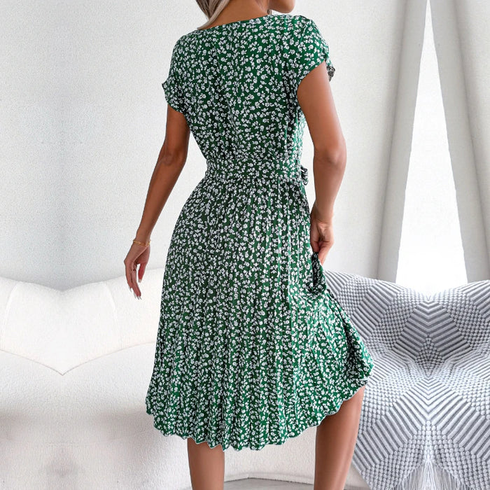 Floral Printed A-Line Vintage Style Chiffon Temperament Green Dress On Sale