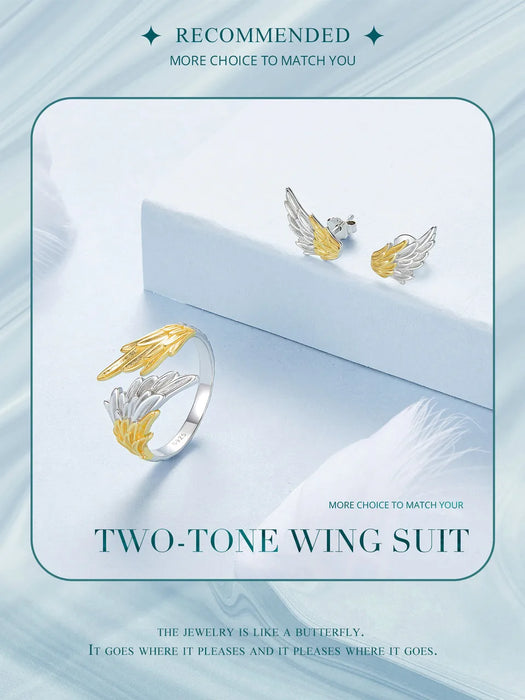 925 Sterling Silver 14K Gold Plated Two-tone Angel Wings Ring And Stud Earrings Jewelry Set Collection On Sale