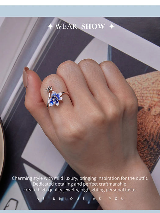 925 Sterling Silver Enamel Flower Adjustable Open Ring With Zircon On Sale