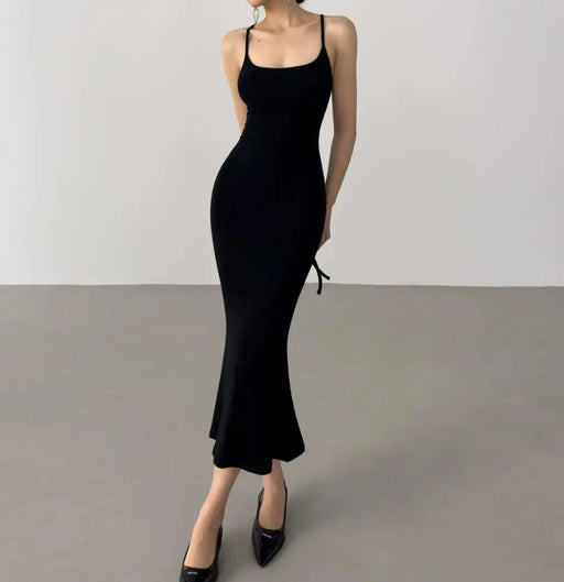 Black Sexy Rope Lacing Back Casual Bandage Bodycon Long Dress On Sale
