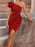 Elegant Red Asymmetric One Shoulder Cocktail Party Ruched Cinch Waist Dress On Sale