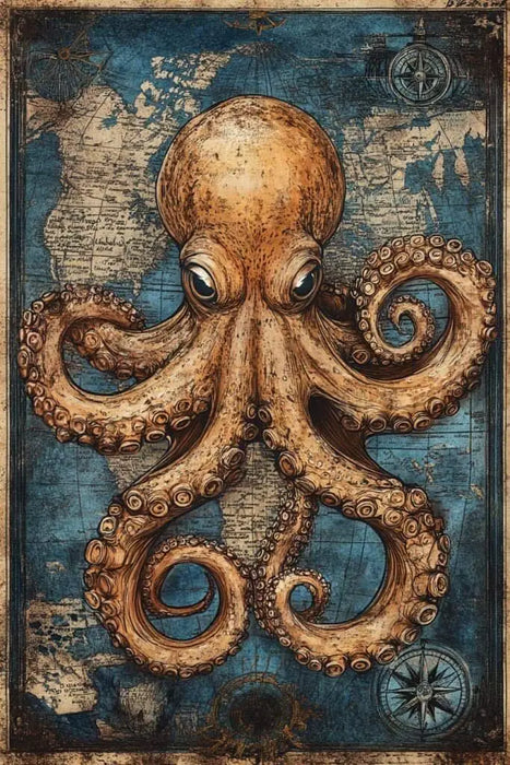 Octopus Illustration Artwork - Vintage Marine Life Canvas Print Nautical Treasure Map Wall Decor Ocean Theme Poster On Sale