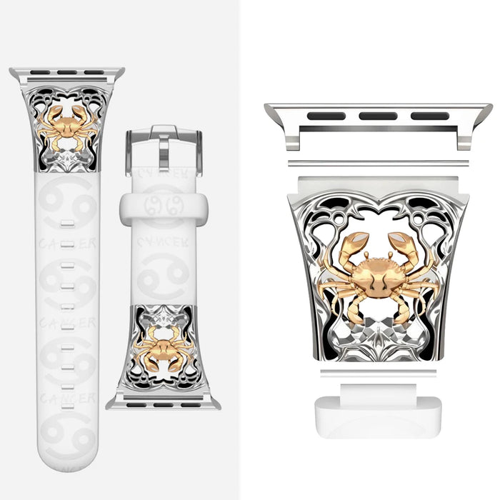Cancer White - 12 Constellations Silicone Sport Watch Band With Stainless Steel Zodiac Symbol Detail Compatible with Apple Watch Series 1–11, SE, Ultra, and Ultra 2 On Sale