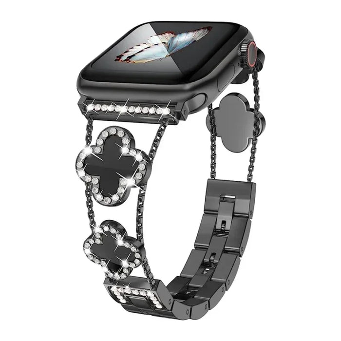Black Cloverleaf Diamond Women Stainless Steel Apple Watch Bracelet For Ultra, 49mm, 46mm, 45mm, 44mm, 42mm, 41mm, 40mm, 38mm On Sale