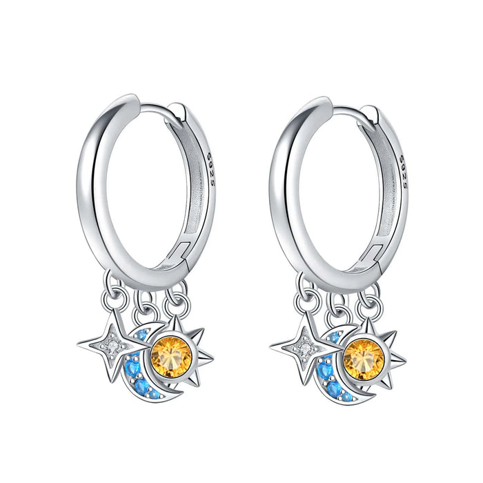 925 Sterling Silver Dreamy Celestial Elegance Sun, Star & Moon Hoop Earrings On Sale 