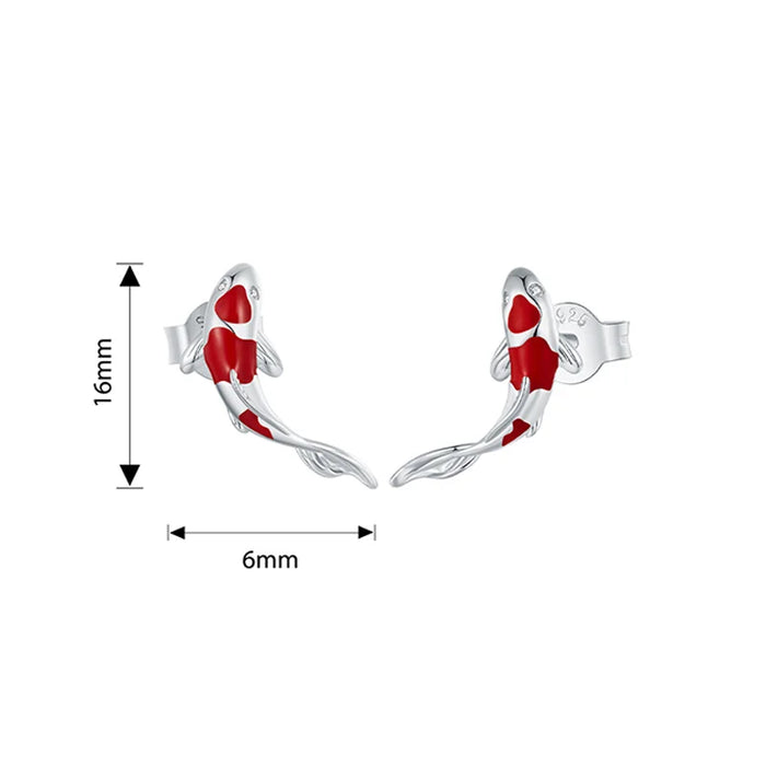 925 Sterling Silver Plated White Gold Lucky Red Koi Fish Stud Earrings Set On Sale