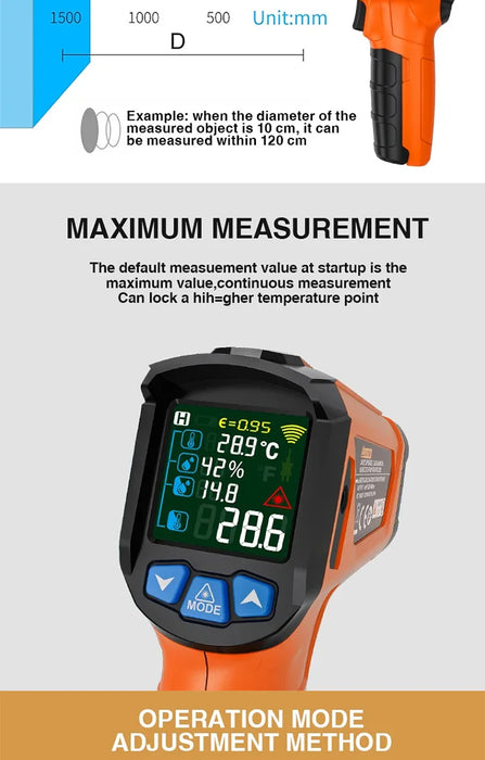 Handheld Non Contact Digital Infrared Thermometer Laser Point Temperature Reader With Humidity and Dew Point Display On Sale