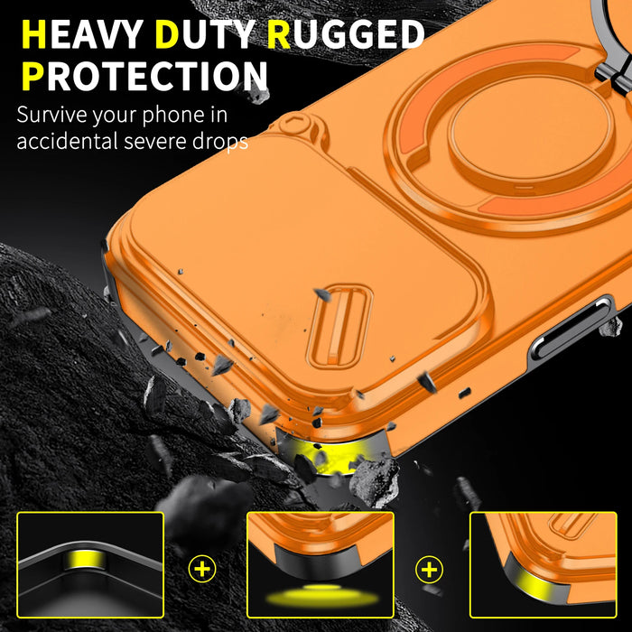 iPhone Magnetic Ring Stand Armor Case With Camera Protection Slide Cover For iPhone 17, 16, 15, 14, 13 Series On Sale