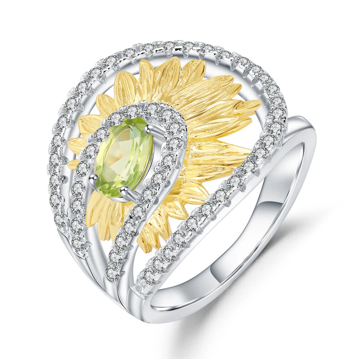 925 Sterling Silver 0.86Ct Natural Peridot Handmade Sunflower Ring On Sale