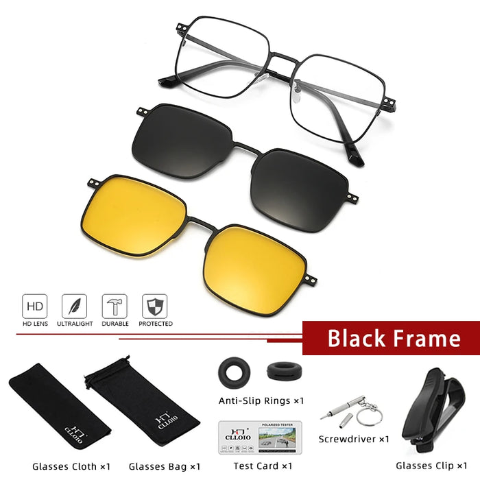 3 in 1 Lightweight Titanium Black Frame Eyeglasses With Magnetic Clip Polarized Sunglasses Set On Sale
