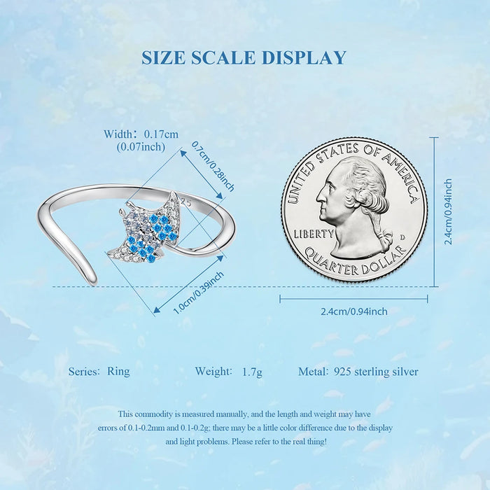 925 Sterling Silver Ocean Marine Life Manta Ray Fish Theme Open Rings Collection On Sale