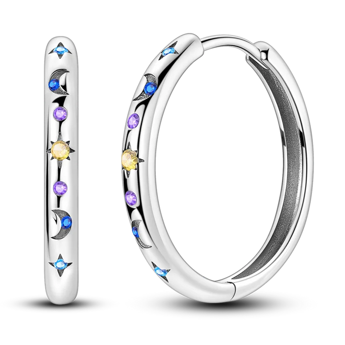 925 Sterling Silver Star Moon Round Huggie Hoop Earrings With Zircon Accents On Sale
