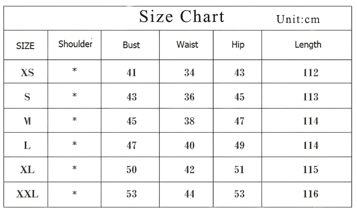 Size chart for clothing measurements in centimeters