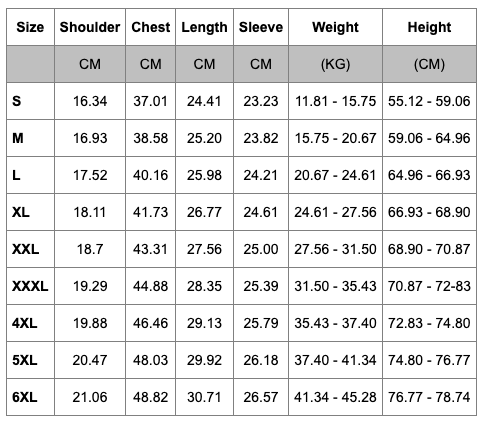 Size Chart - Reflective Cycling Hooded Windbreaker Jacket