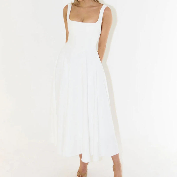 Elegant High-Waisted Squared Neckline Sleeveless A-line Sling Maxi White Dress