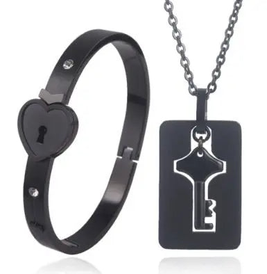 Black Concentric Lock Key Stainless Steel Couple Heart Bracelet and Necklace Sets On Sale