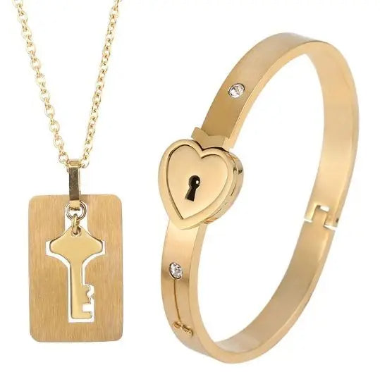 Gold Concentric Lock Key Stainless Steel Couple Heart Bracelet and Necklace Sets On Sale