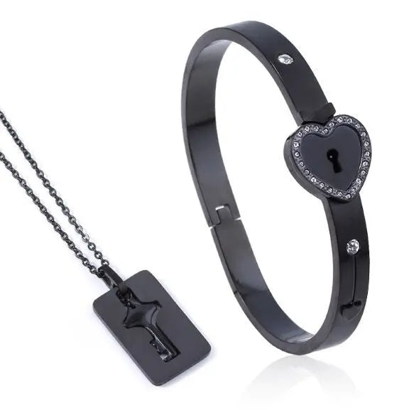 Black Concentric Lock Key Stainless Steel Couple Heart Bracelet and Necklace Sets On Sale